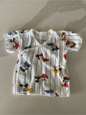 Dundee Vtg Disney Mickey Minnie Striped Snap Front V-Neck Cotton Tee Newborn